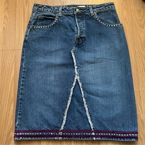 Vintage Gap Denim Fringe Midi Skirt Women’s Size 8 Button Fly Made in‎ USA Y2K